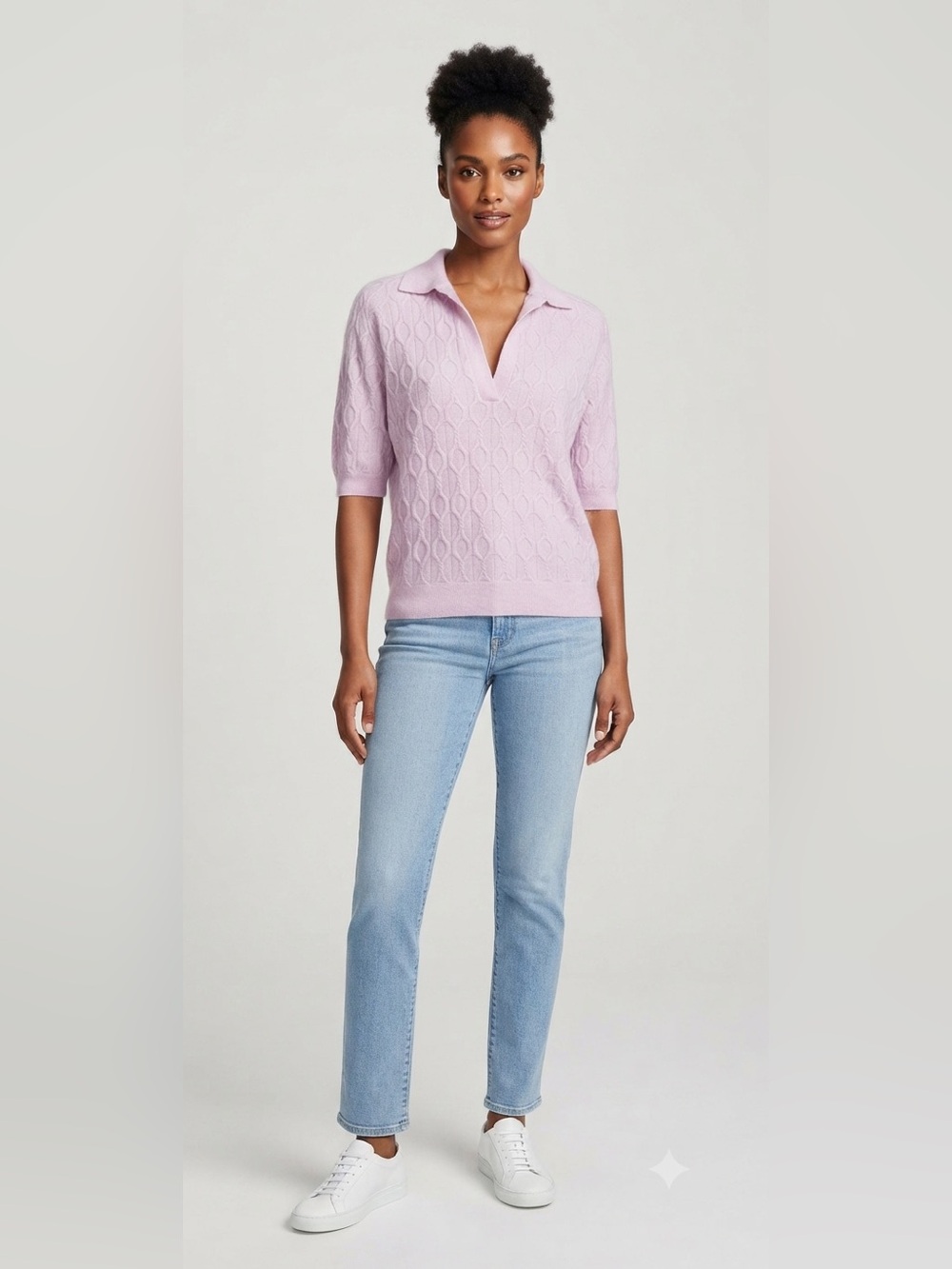 noNAME CASHMERE North Short Sleeve Polo Sweater Small Pink Lavendar